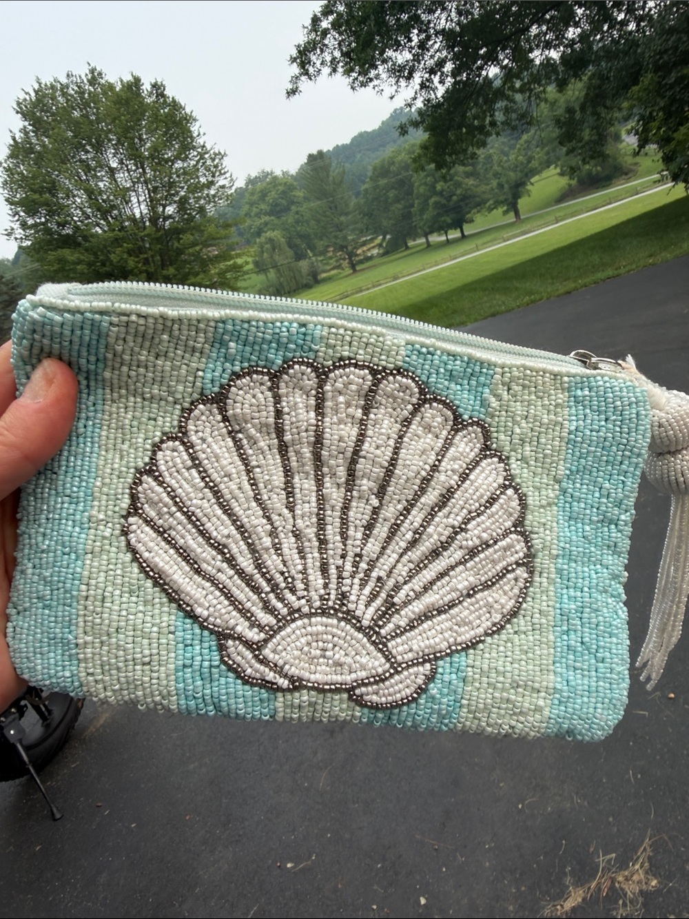 Glass Beaded Seashell Clutch in Aqua and White made in India